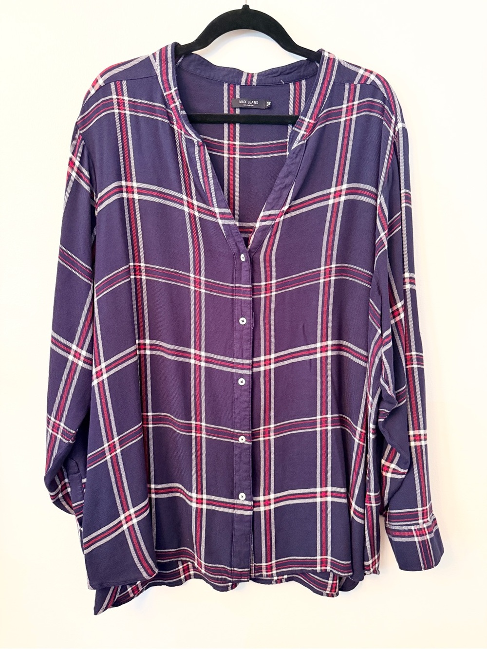 Max Jeans Plaid Roll Tab Sleeve Tunic Blouse Size 3X